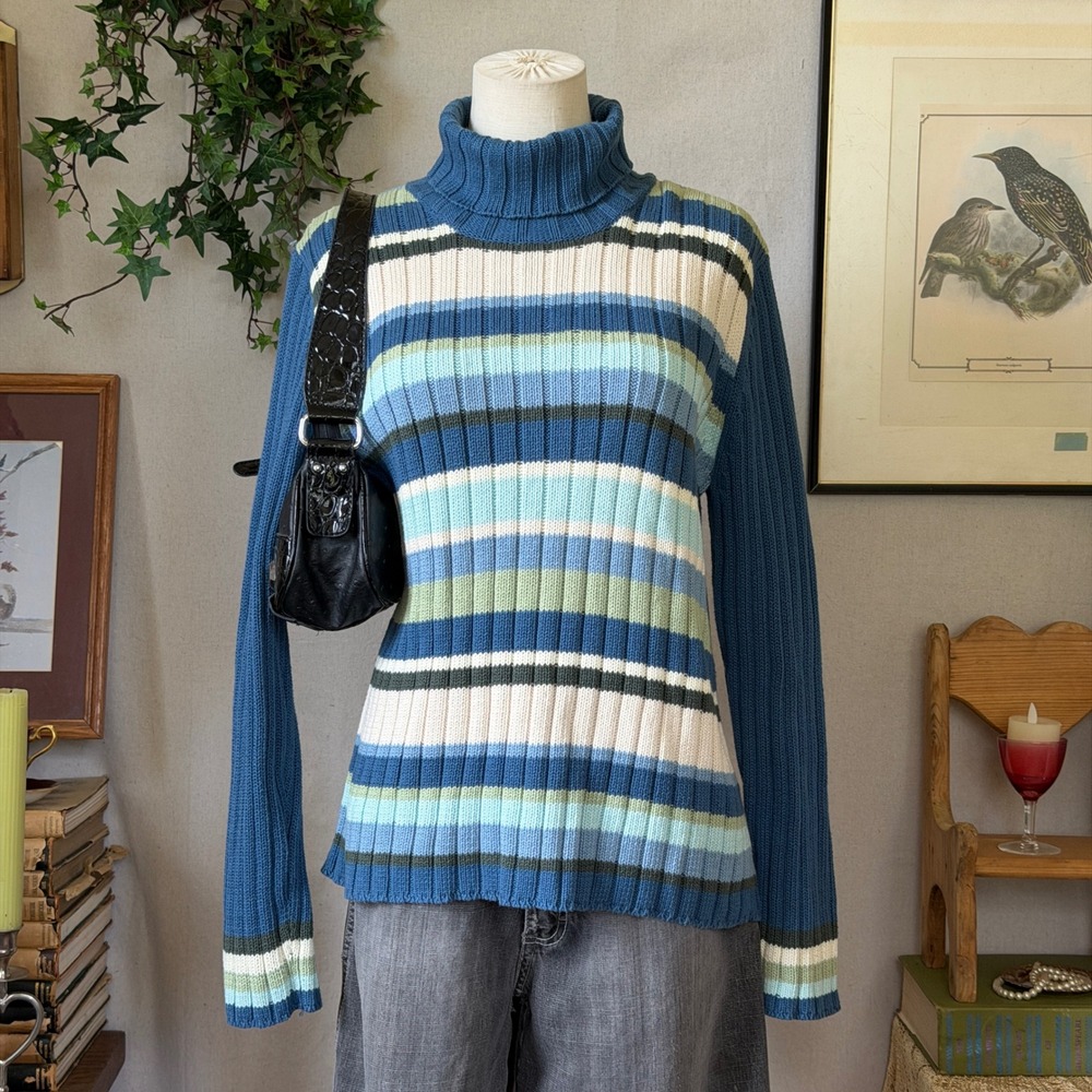 Blue Striped Ribbed Turtleneck Sweater Indie Grunge Granola Vintage 90s XL 90s